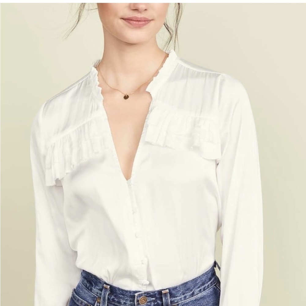 Paige Anguilla White Ruffle Yoke Matte Satin Long Sleeve Blouse Size XS- NWT